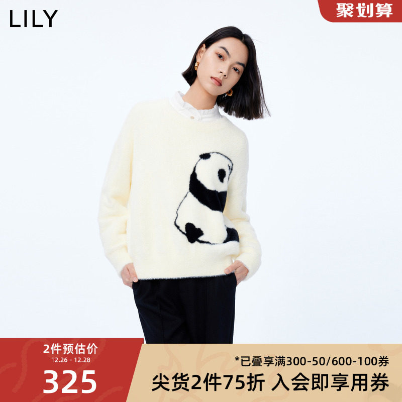 LILY2023冬新款女装温柔毛绒趣味减龄熊猫提花宽松落肩毛衣上衣女