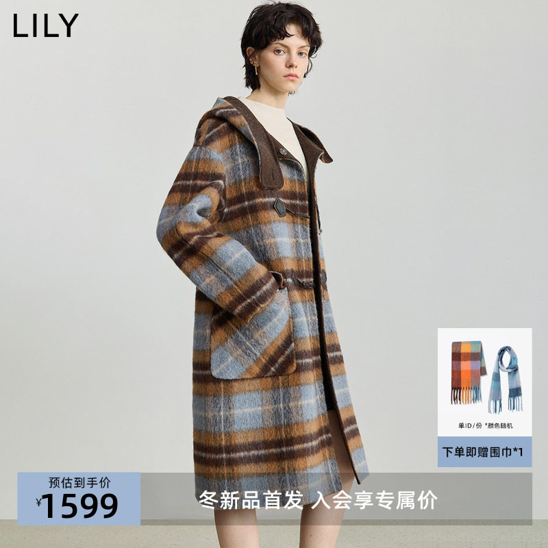 LILY2025冬新款女装羊毛羊驼毛混纺学院风连帽牛角扣毛呢大衣外套