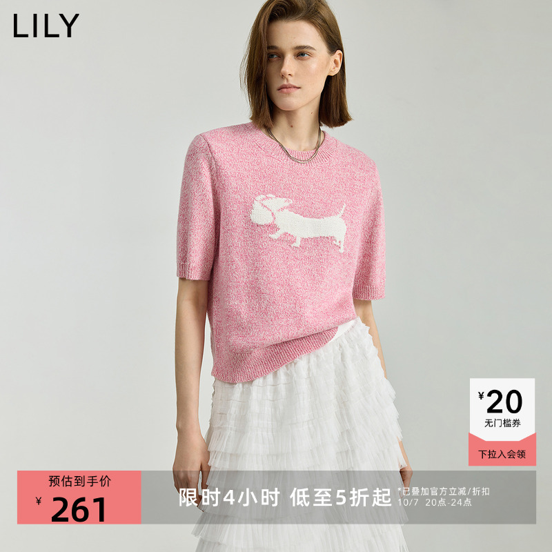 LILY2025秋新款羊毛混纺花纱撞色腊肠狗绣花圆领短袖针织衫女上衣