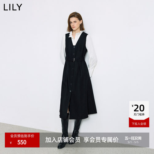 LILY羊毛混纺气质V领百褶连衣裙