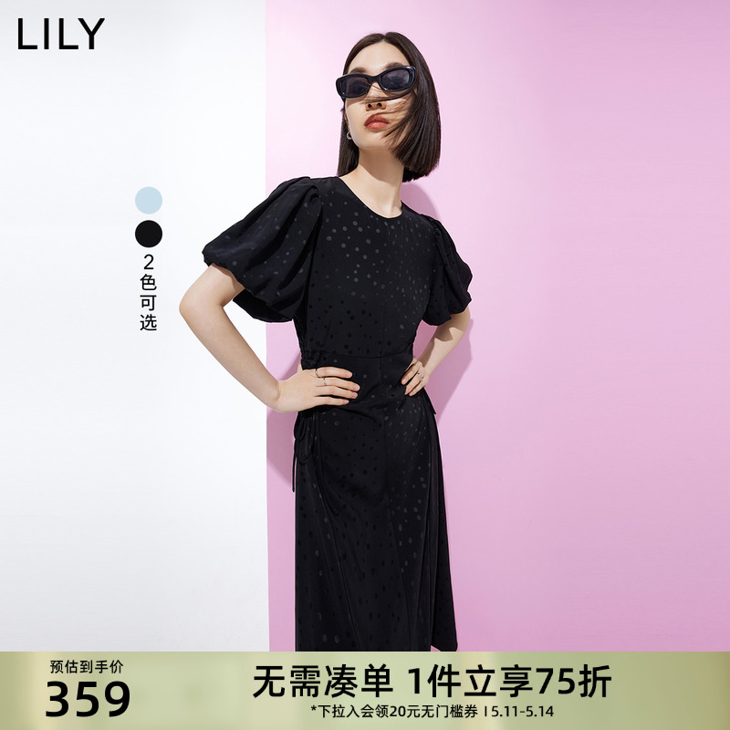 Lily新款奢华光泽感泡泡袖连衣裙