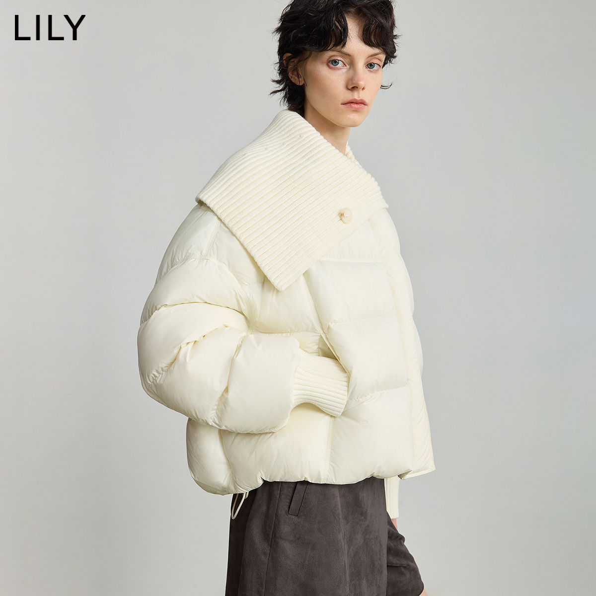 【商场同款】LILY2025冬新款针织翻领通勤90鸭绒羽绒服外套女短款