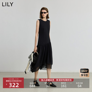 小黑裙LILY2025秋新款 圆领收腰气质休闲通勤连衣裙女长裙 复古无袖