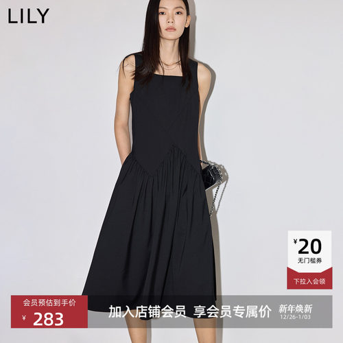 法式方领收腰连衣裙LILY小黑裙