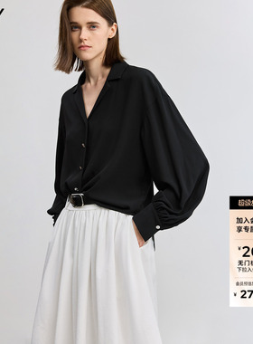 LILY2026夏新款女装经典古巴领通勤宽松休闲气质通勤黑色衬衫外套