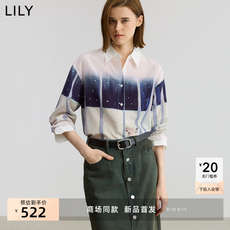 【商场同款】LILY2025秋新款女装莱赛尔混纺小鹿印花休闲衬衫外套