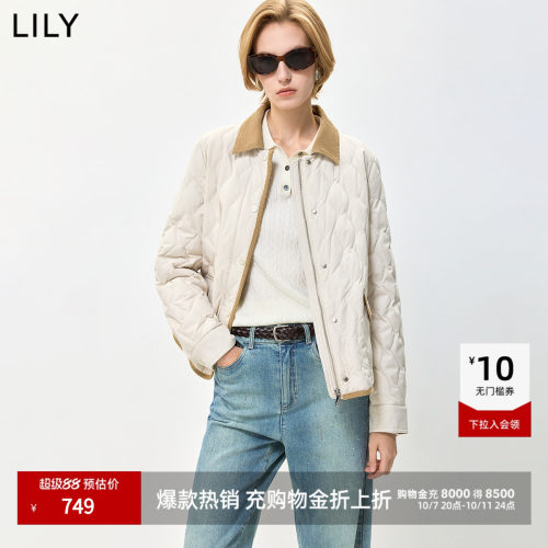 LILY菱格撞色翻领灯芯绒羽绒服
