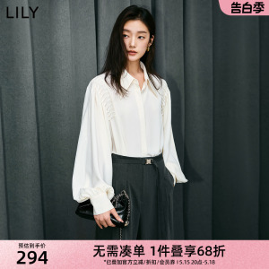 LILY2024春新款女装时尚通勤气质别致复古灯笼袖宽松垂坠感白衬衫