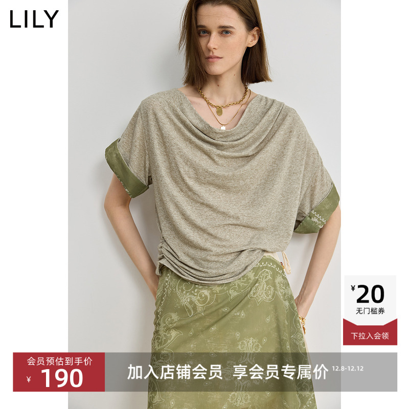 LILY复古亚麻收腰法式荡领T恤