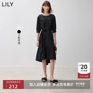 LILY新款 蕾丝镂空花边垂坠感复古优雅通勤舒适连衣裙 女装