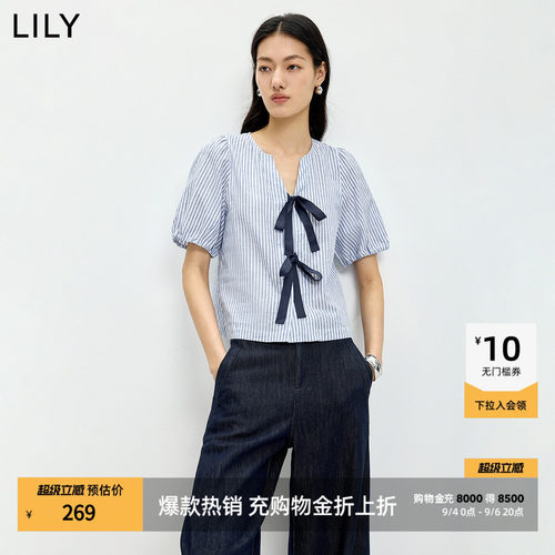 LILY通勤蝴蝶结棉麻短袖混纺衬衫