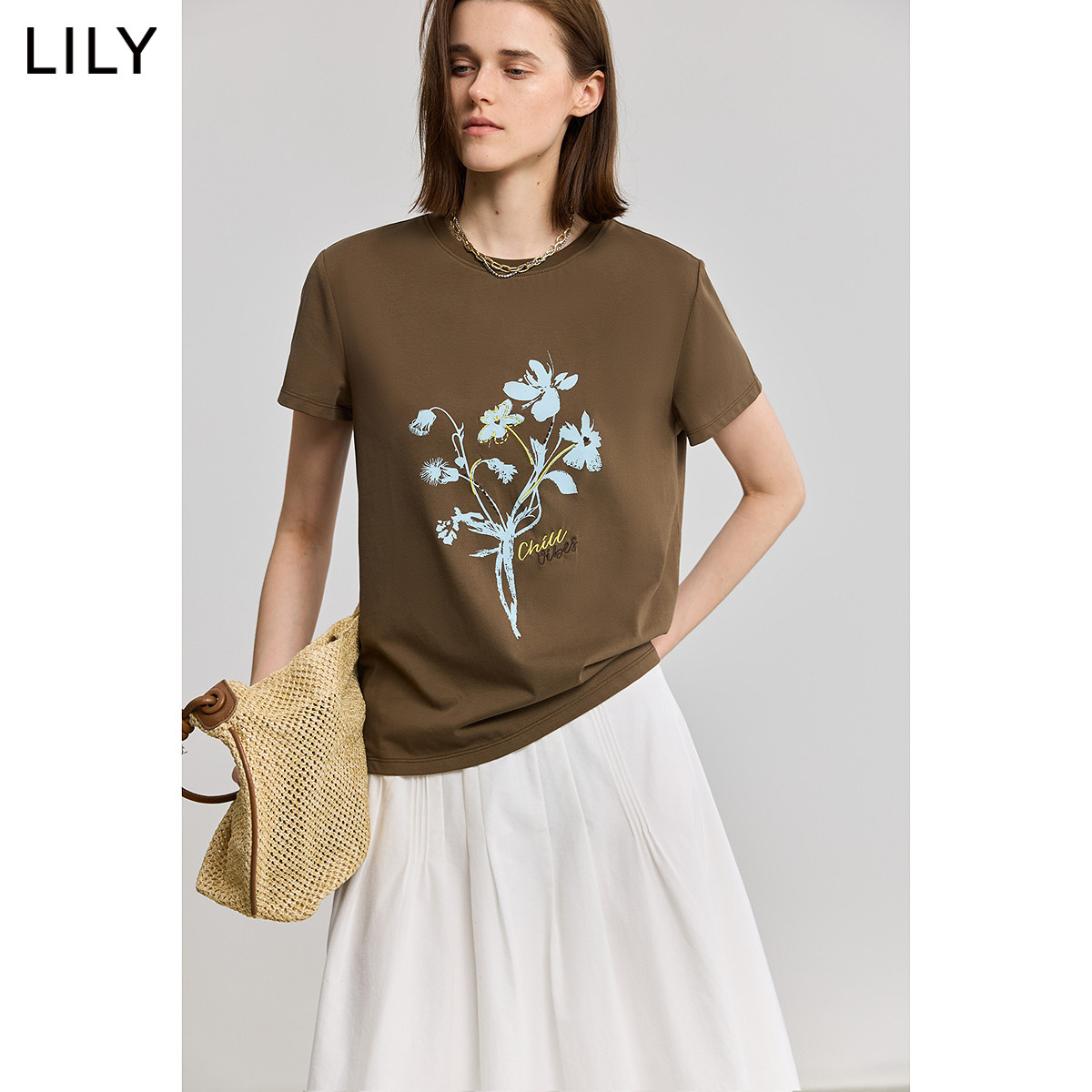 LILY2026新款复古撞色印花图案圆领正肩休闲百搭短袖T恤女上衣