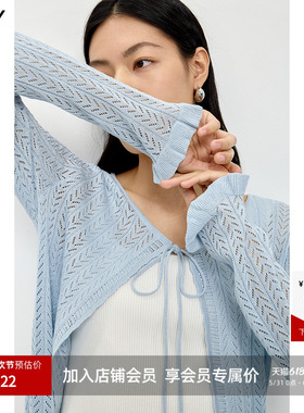 LILY2026夏新款女装莱赛尔亚麻混纺系带薄款蓝色长袖针织开衫罩衫
