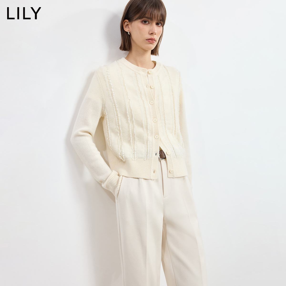 【100%绵羊毛】商场同款LILY2025冬新款女装流苏通勤白色针织开衫