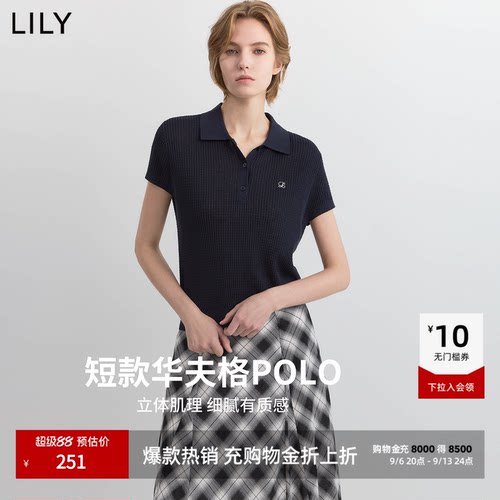 LILY通勤POLO领短袖复古针织衫