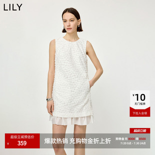 LILY2026夏新款女装含莱赛尔亚麻欧根纱肌理感无袖圆领白色连衣裙
