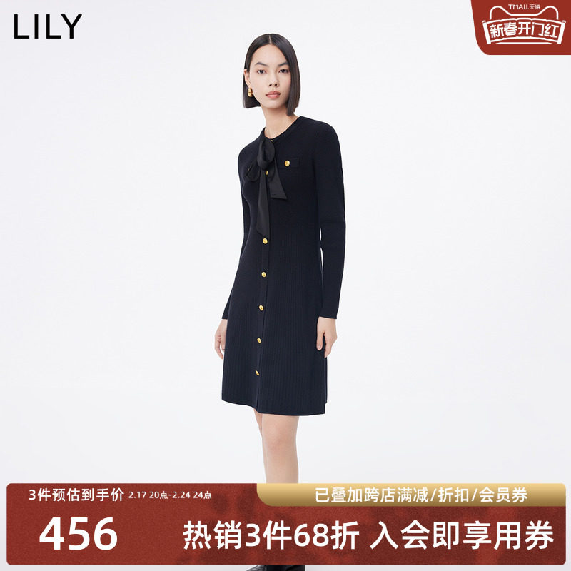 LILY2023冬新款女装气质优雅通勤时尚都市针织连衣裙小黑裙小个子