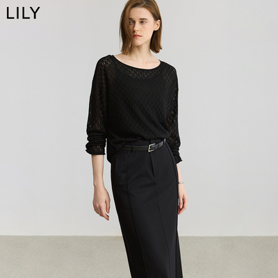【商场同款】LILY2025秋新款女装含羊绒羊毛镂空一字领黑色针织衫