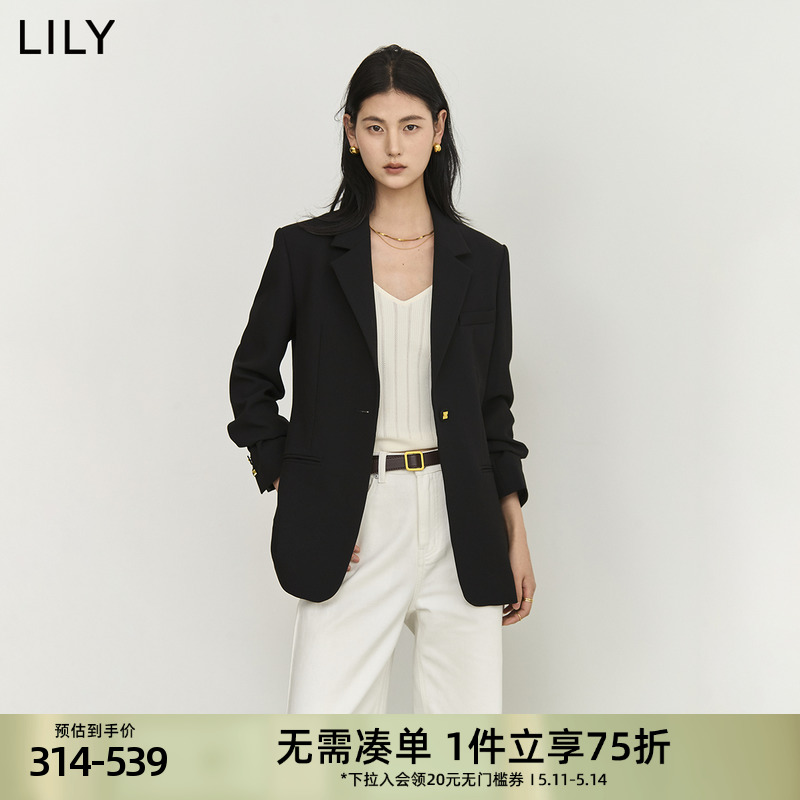 LILY2024春新款女装商务通勤时尚复古一粒扣修身休闲黑色西装外套