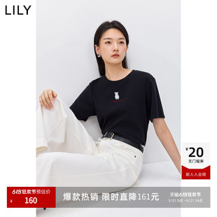 LILY2026春新款简约撞色小猫图案刺绣正肩休闲通勤圆领短袖T恤女