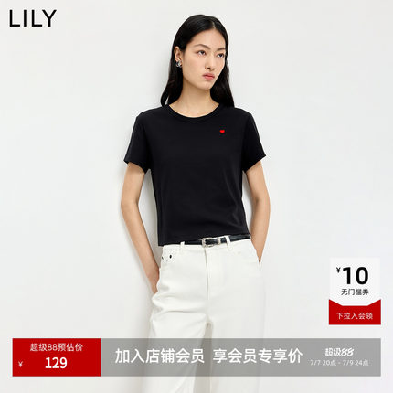LILY2026夏新款含莱赛尔复古撞色刺绣正肩休闲通勤黑色短袖T恤女