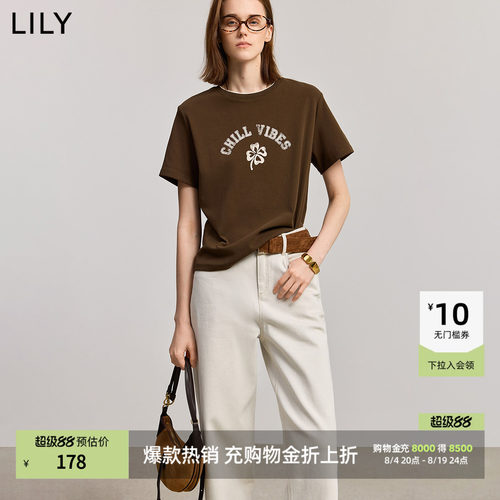 LILY通勤四叶草女装圆领印花短袖