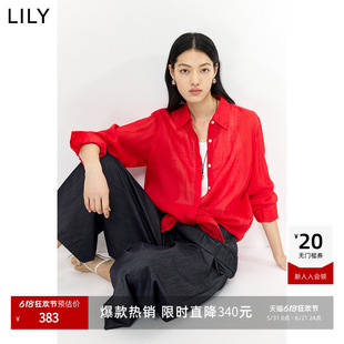 100%苎麻LILY2026夏新款女装翻领宽松休闲通勤大红色薄款衬衫外套