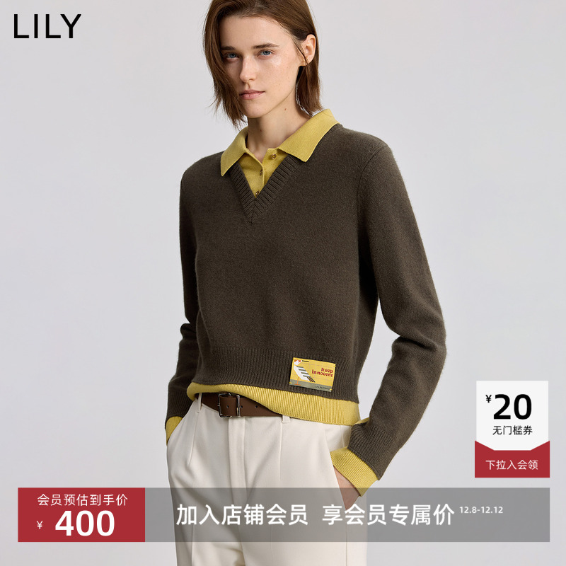 LILY假两件翻领简约套头针织衫