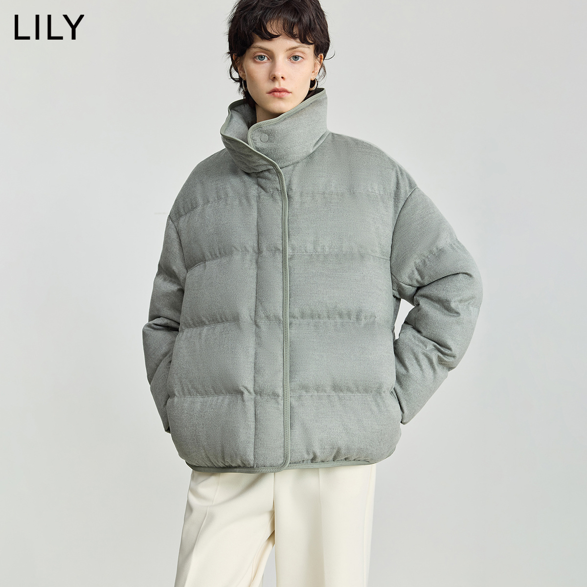 LILY2025冬新款女装含羊毛简约立领90鸭绒宽松百搭羽绒服外套短款