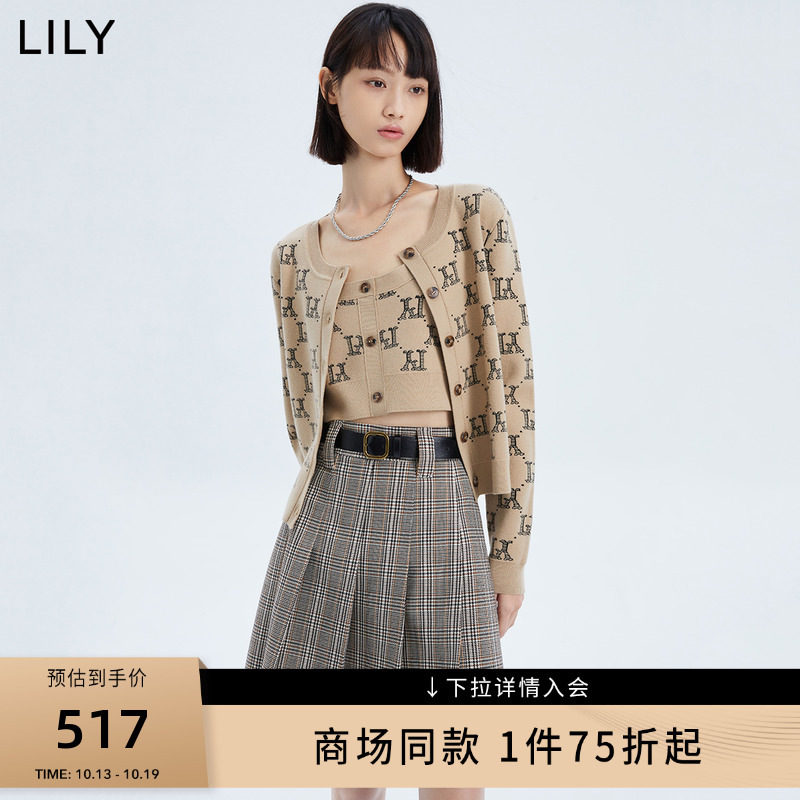 【商场同款】LILY2023新款女装舒适绵羊毛洋气复古老花针织开衫