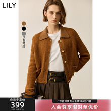 LILY2024冬新款女装极简风翻领修身百搭通勤针织开衫女款毛衣短款