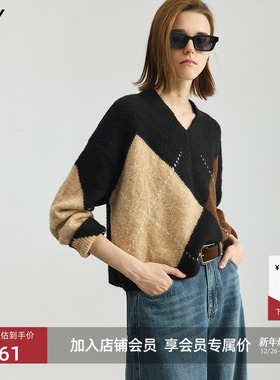 LILY2025新款女装含羊毛复古学院风几何撞色提花V领针织衫毛衣