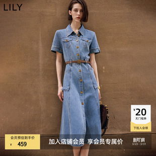 裙腰带高腰通勤连衣裙 复古丹宁蓝色牛仔衬衫 LILY2025新款 女装