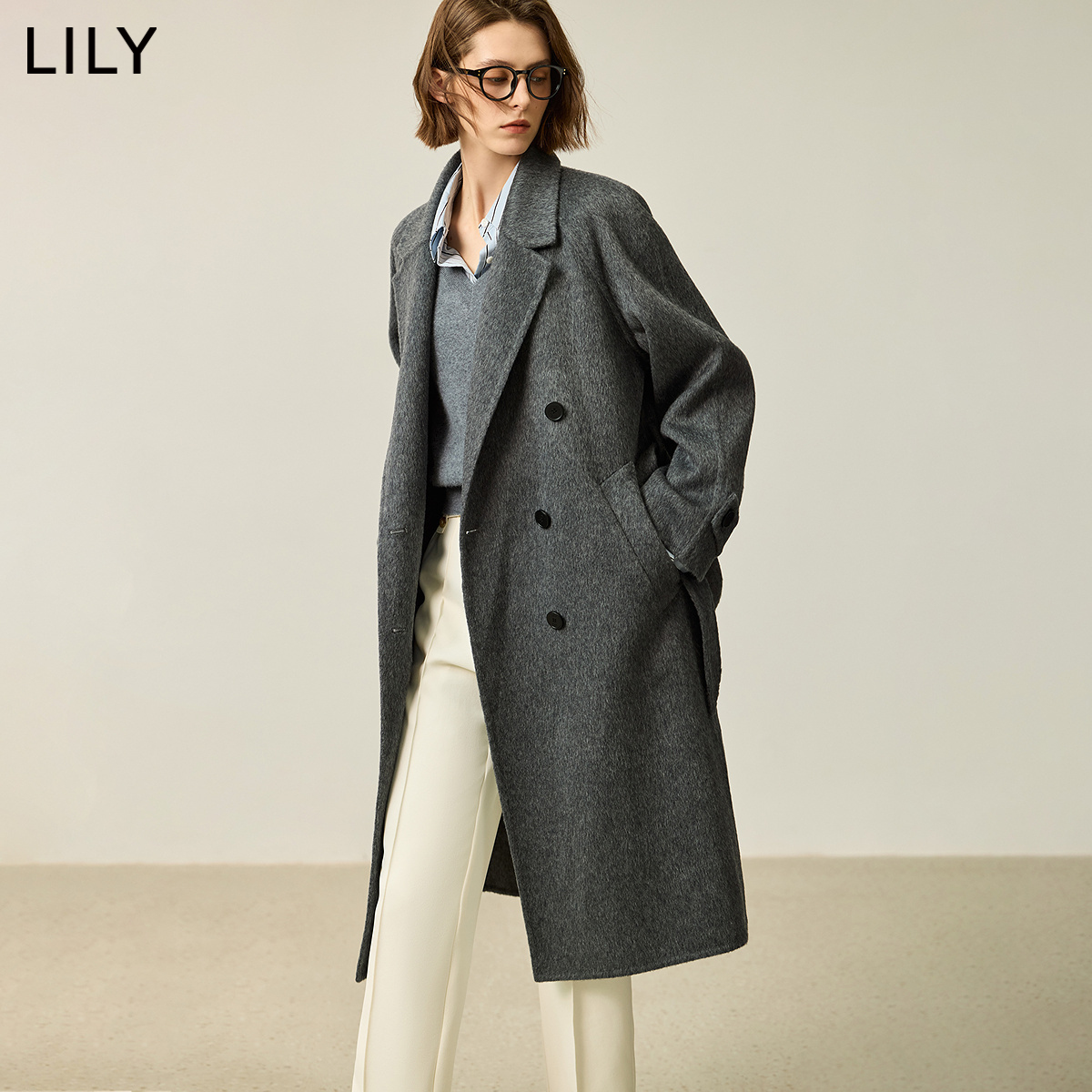 LILY2024冬新款女装绵羊毛格雷系双排扣宽松OL通勤双面呢大衣外套