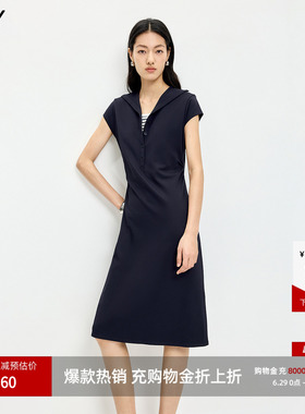 LILY2026夏新款女装含莱赛尔羊毛假两件条纹收腰藏青色短袖连衣裙