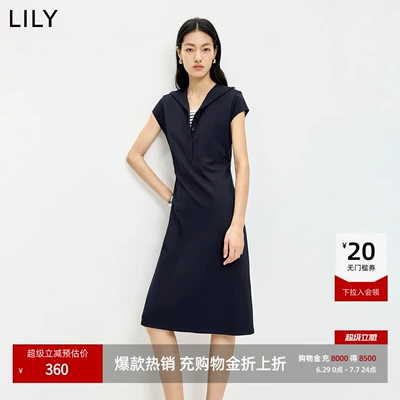 LILY2026夏新款女装含莱赛尔羊毛假两件条纹收腰藏青色短袖连衣裙