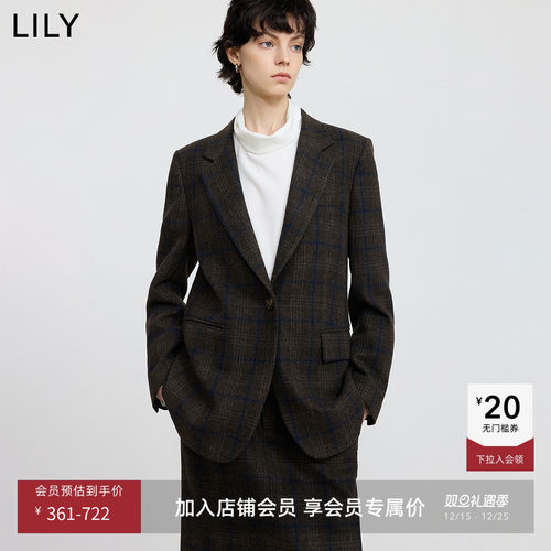 LILY羊毛混纺通勤格纹学院风西装