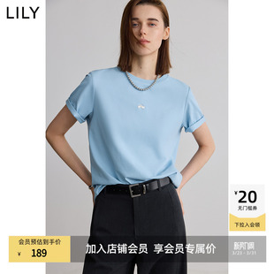LILY2026夏新款 T恤女上衣 简约宽松休闲弹力圆领百搭通勤蓝色短袖