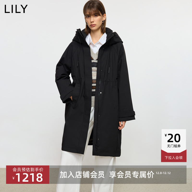 LILY通勤抽绳连帽长款羽绒服外套