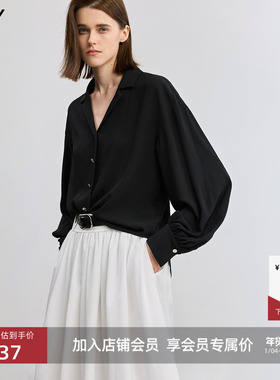 LILY2025新款女装经典黑色古巴领高级法式职业通勤宽松雪纺衬衫