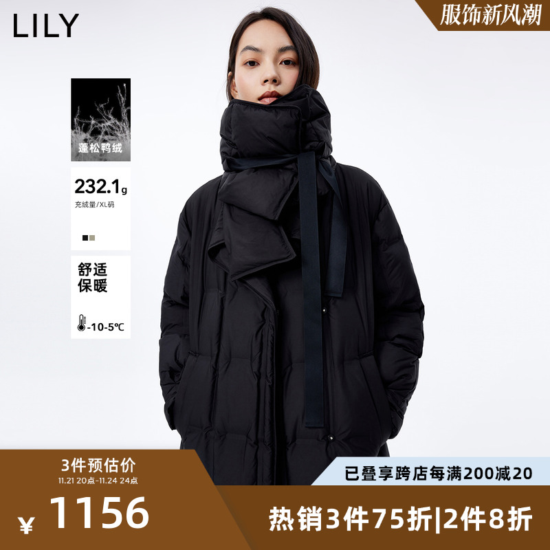 LILY2023冬新款鸭绒设计感可拆卸围巾大翻领长款轻量羽绒服外套女