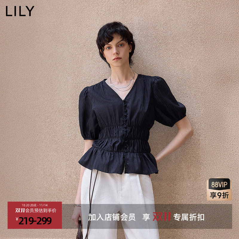 博主同款LILY2025新款女装法式V领收腰休闲通勤泡泡袖短袖衬衫
