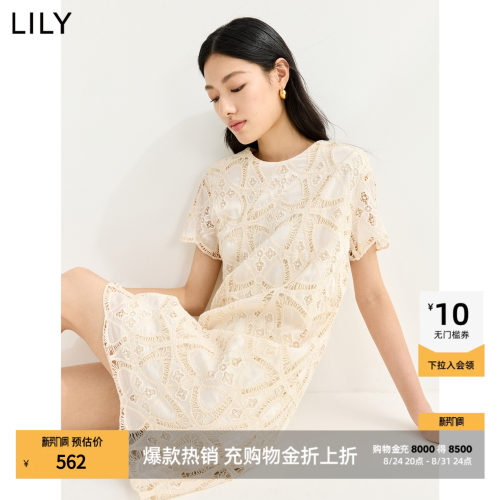 LILY莱赛混纺短袖女装镂空连衣裙