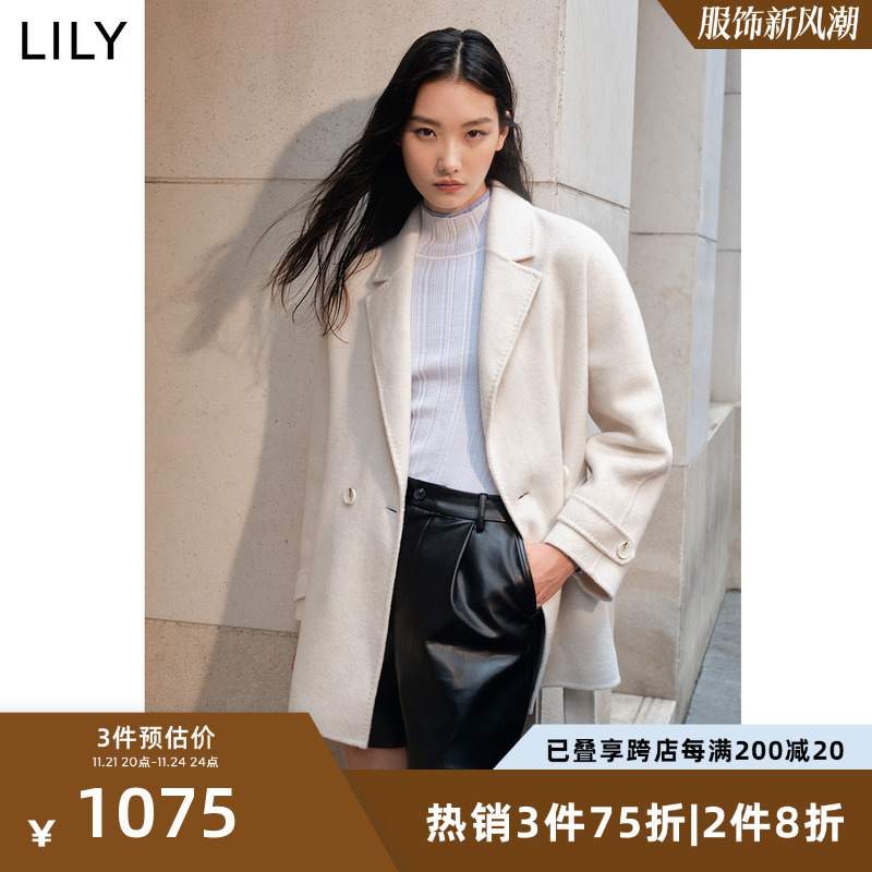 LILY2023冬新款骆驼绒高级感通勤羊毛双面呢大衣中长款毛呢外套女