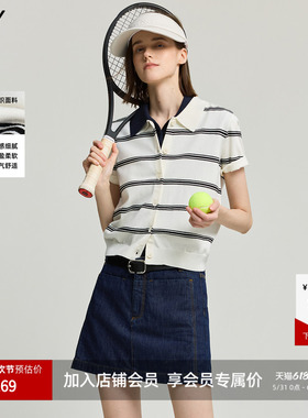 LILY2026新款女装学院风翻领条纹短款小上衣轻薄白色短袖针织衫