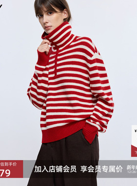 LILY2025冬新款女装羊毛混纺拉链翻领立领条纹通勤红色毛衣针织衫