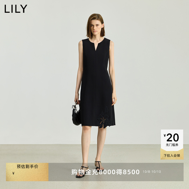 LILY收腰无袖镂空背心钩花小黑裙