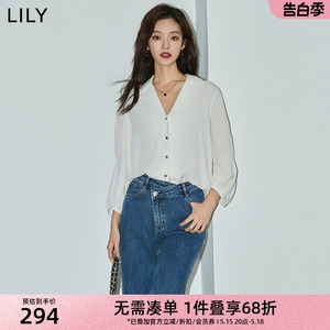 LILY2024夏新款女装气质职业通勤舒适轻薄百搭九分袖垂坠感白衬衫