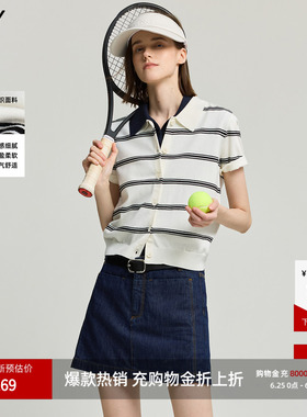 LILY2026新款女装学院风翻领条纹短款小上衣轻薄白色短袖针织衫