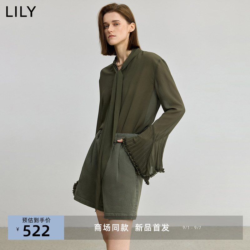 【商场同款】LILY2025秋新款女装复古波嬉风法式飘带领长袖雪纺衫